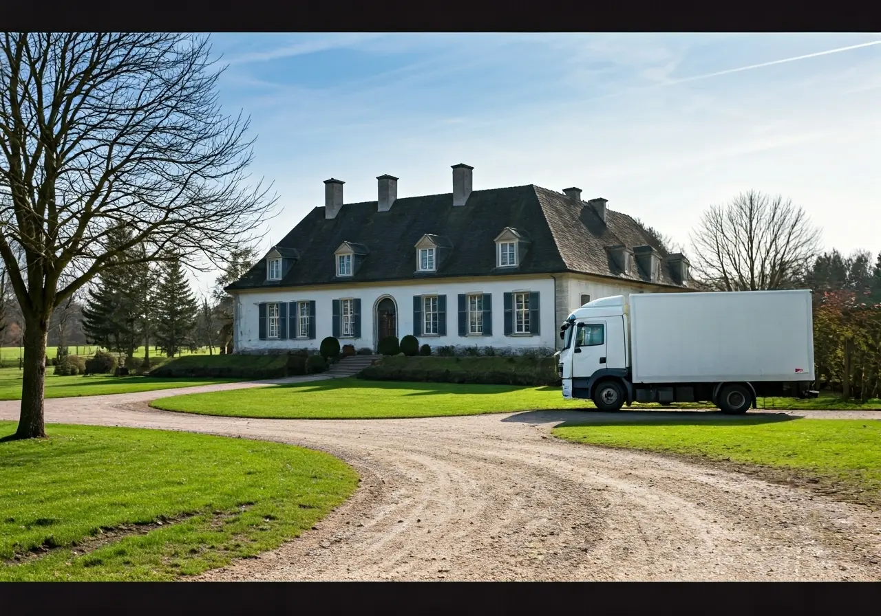 A serene countryside estate with a moving truck parked outside. 35mm stock photo