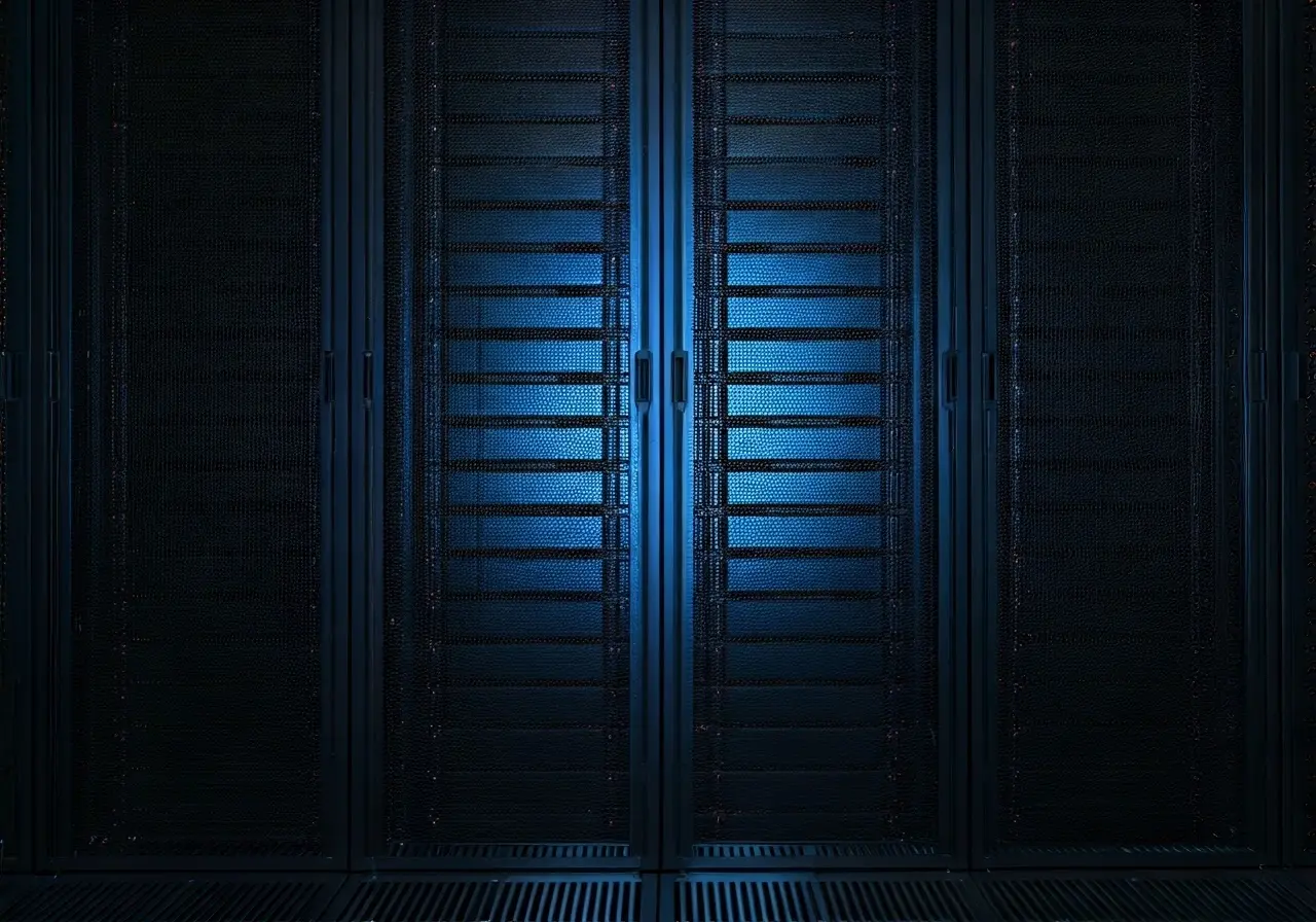 A server room filled with glowing computer equipment. 35mm stock photo