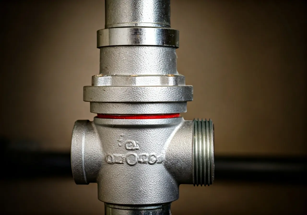 Backflow preventer valve with metallic finish and red seal, crucial for plumbing safety and contamination prevention.