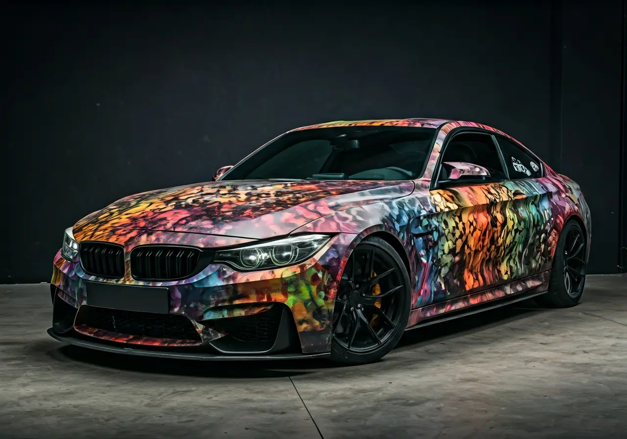A vibrant car with a partially applied auto wrap. 35mm stock photo