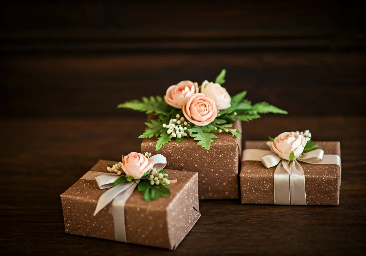 Elegant gift boxes adorned with ribbons and floral decorations. 35mm stock photo