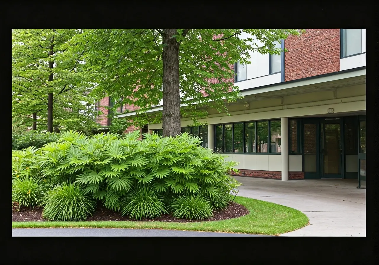 A serene rehab facility exterior surrounded by lush greenery. 35mm stock photo