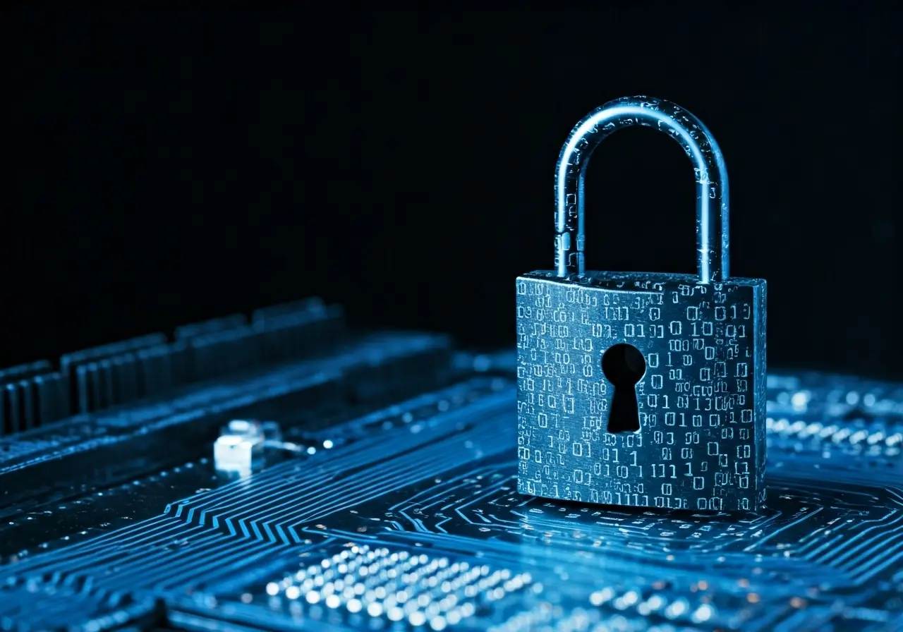 A secure digital padlock on a glowing blue circuit board. 35mm stock photo