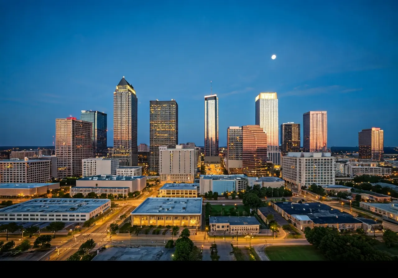 Aerial view of Atlanta and Tampa city skylines at dusk. 35mm stock photo
