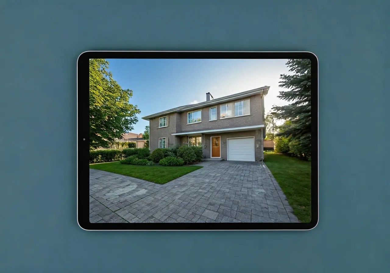 Aerial view of a digital tablet displaying a virtual house tour. 35mm stock photo