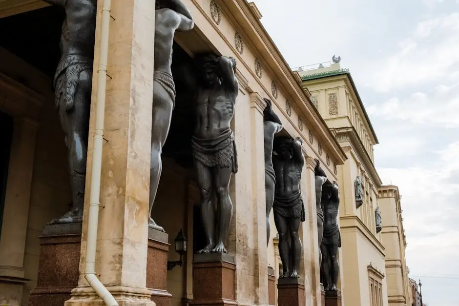 Magnificent Atlantean sculptures supporting a building facade in St. Petersburg, Russia.