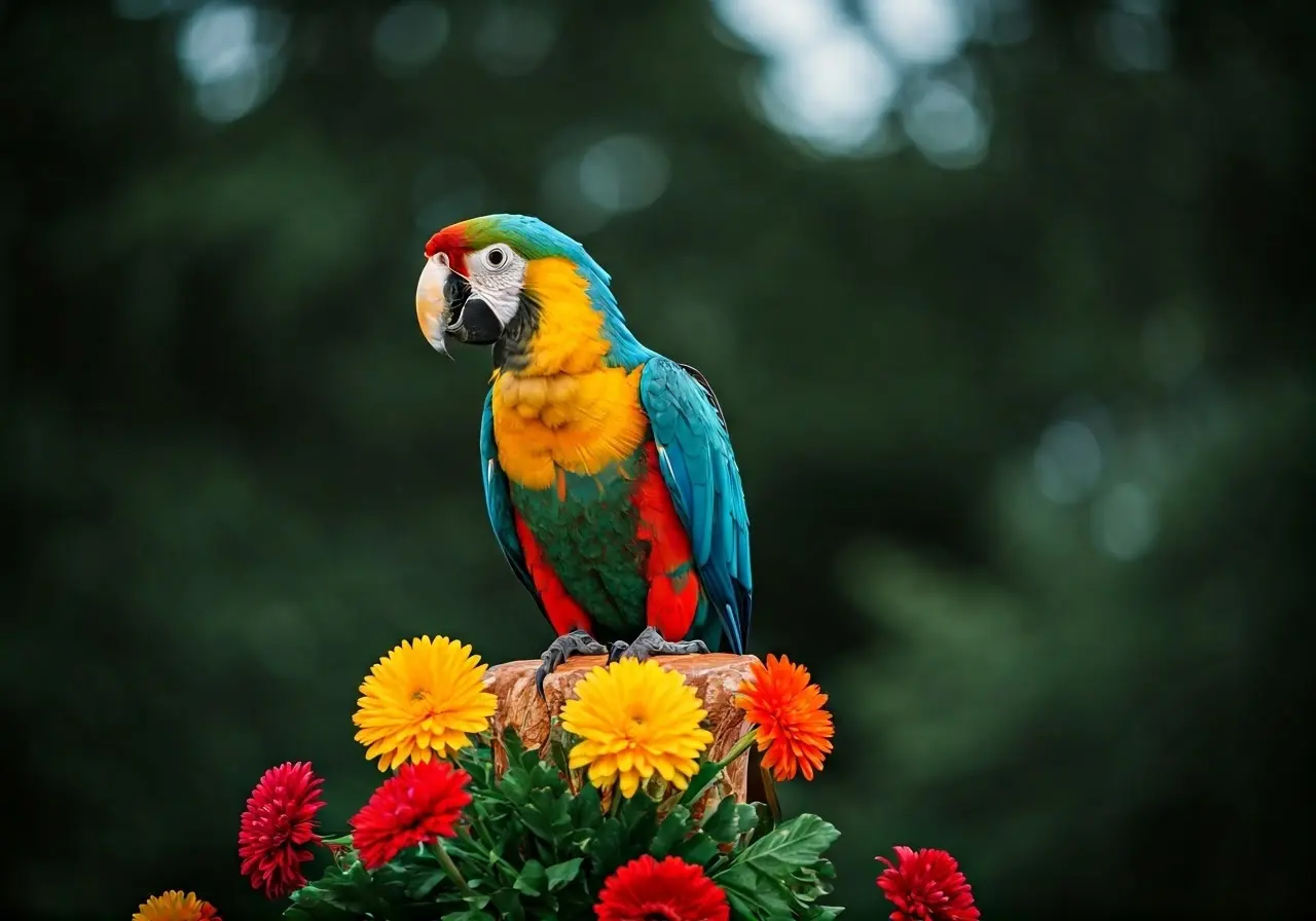A colorful parrot perched on a decorated outdoor event stage. 35mm stock photo