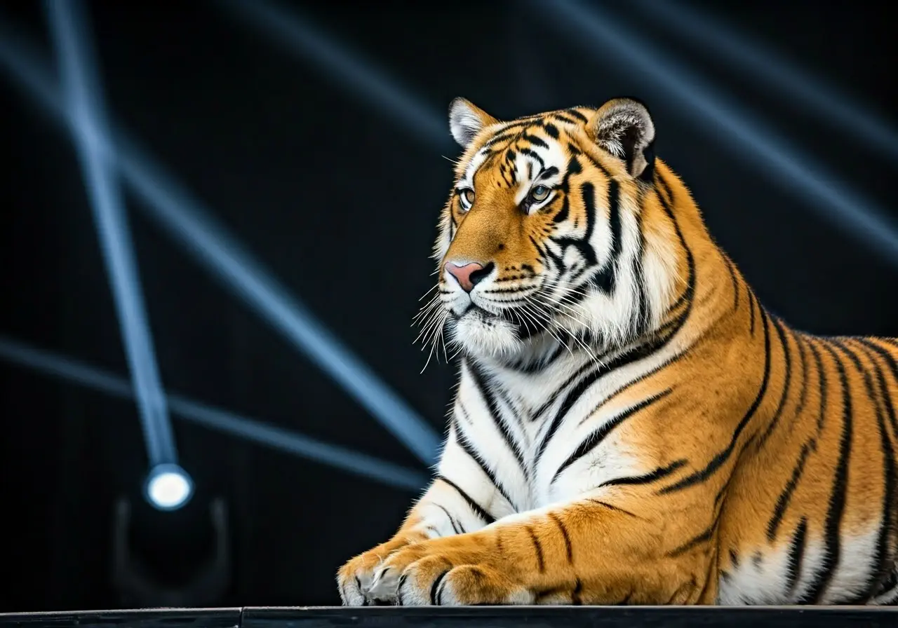 A majestic tiger poised confidently under bright stage lights. 35mm stock photo