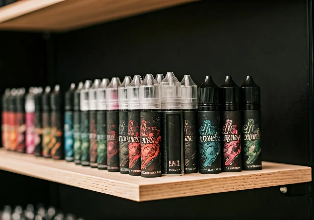 A display of colorful Elf Bar vape products on shelves. 35mm stock photo
