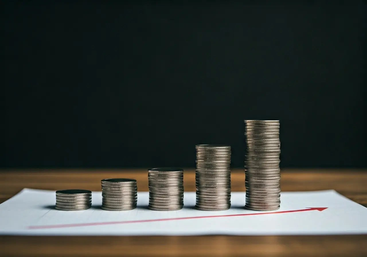 Stacks of coins with arrows pointing upwards on a graph. 35mm stock photo