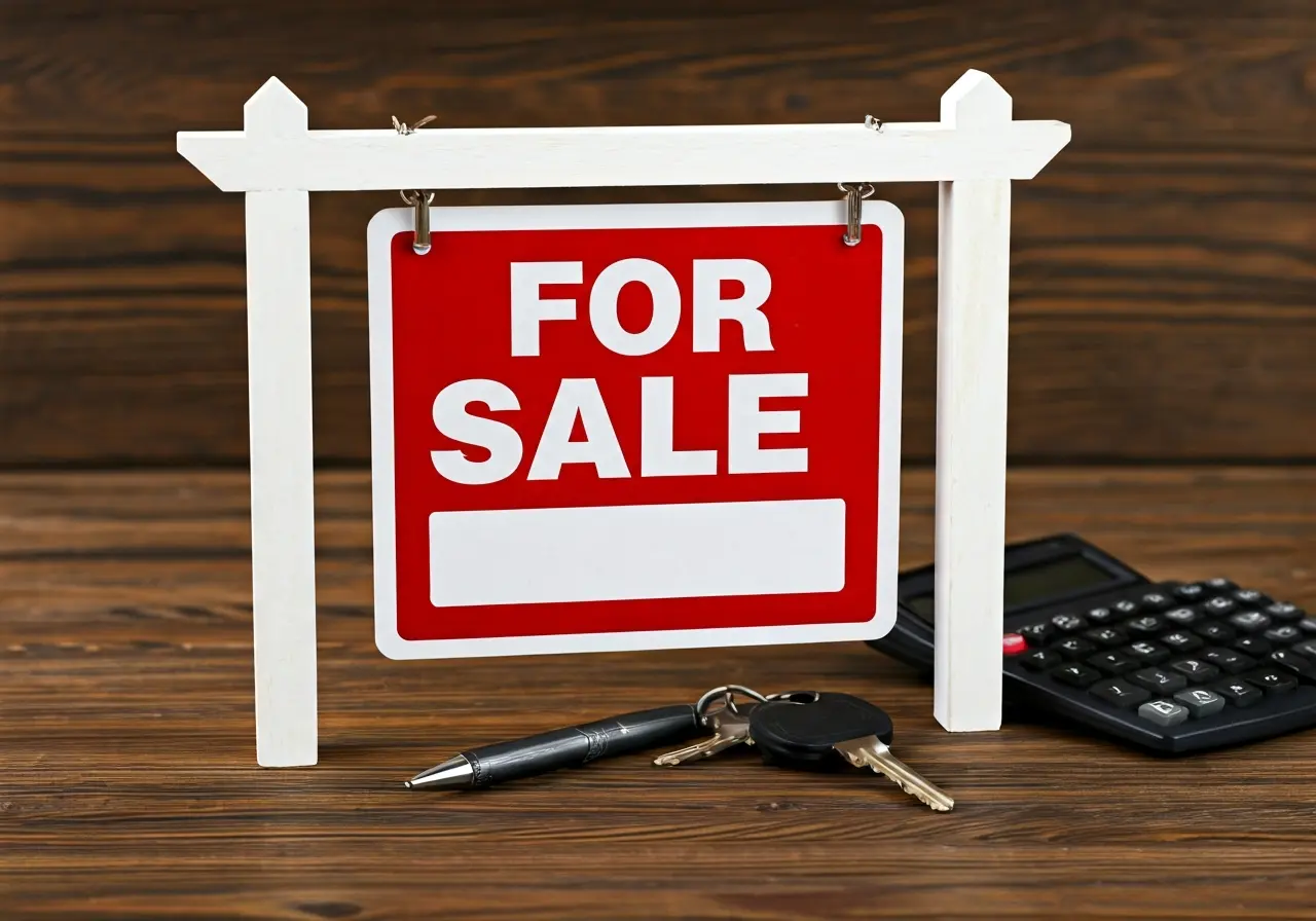 A For Sale sign with a calculator and keys nearby. 35mm stock photo