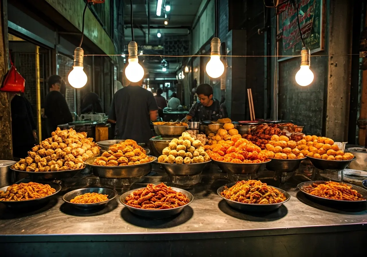 Colorful street food stalls bustling with vibrant local dishes. 35mm stock photo