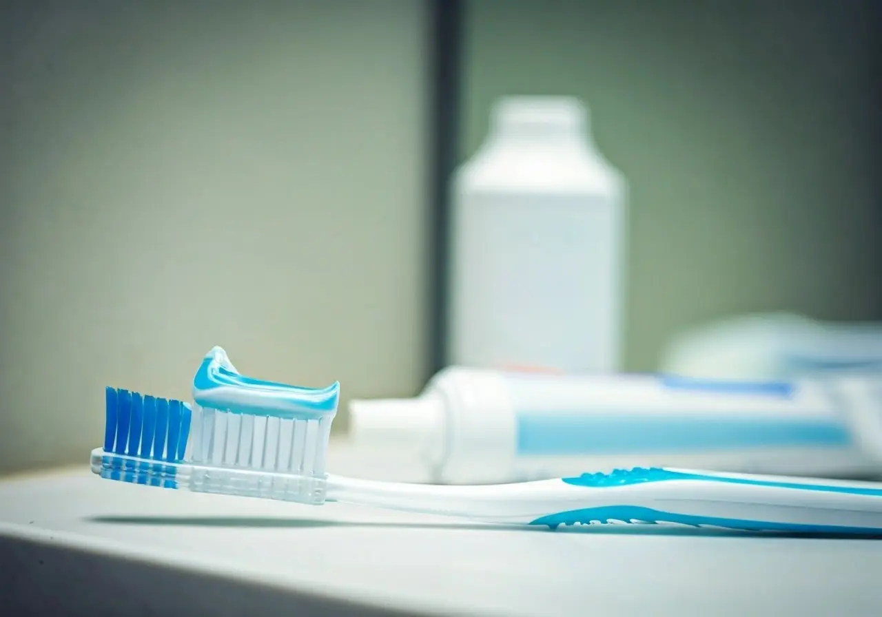 Close-up of toothbrush and sensitive toothpaste on bathroom counter. 35mm stock photo
