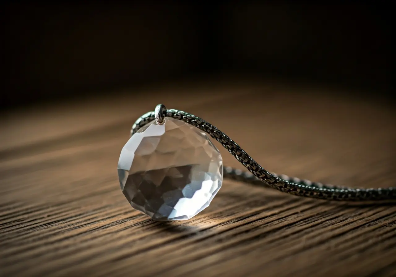 A close-up of a crystal pendant on a rustic table. 35mm stock photo