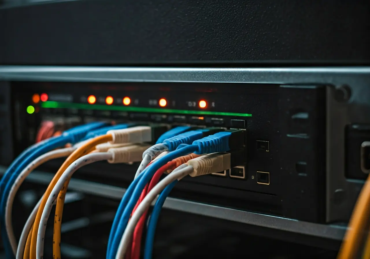 A close-up of color-coded network cables in a server. 35mm stock photo