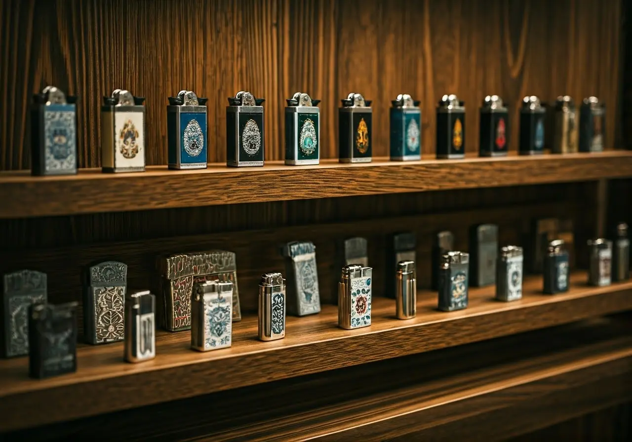 Display of various lighter models on wooden shelves. 35mm stock photo