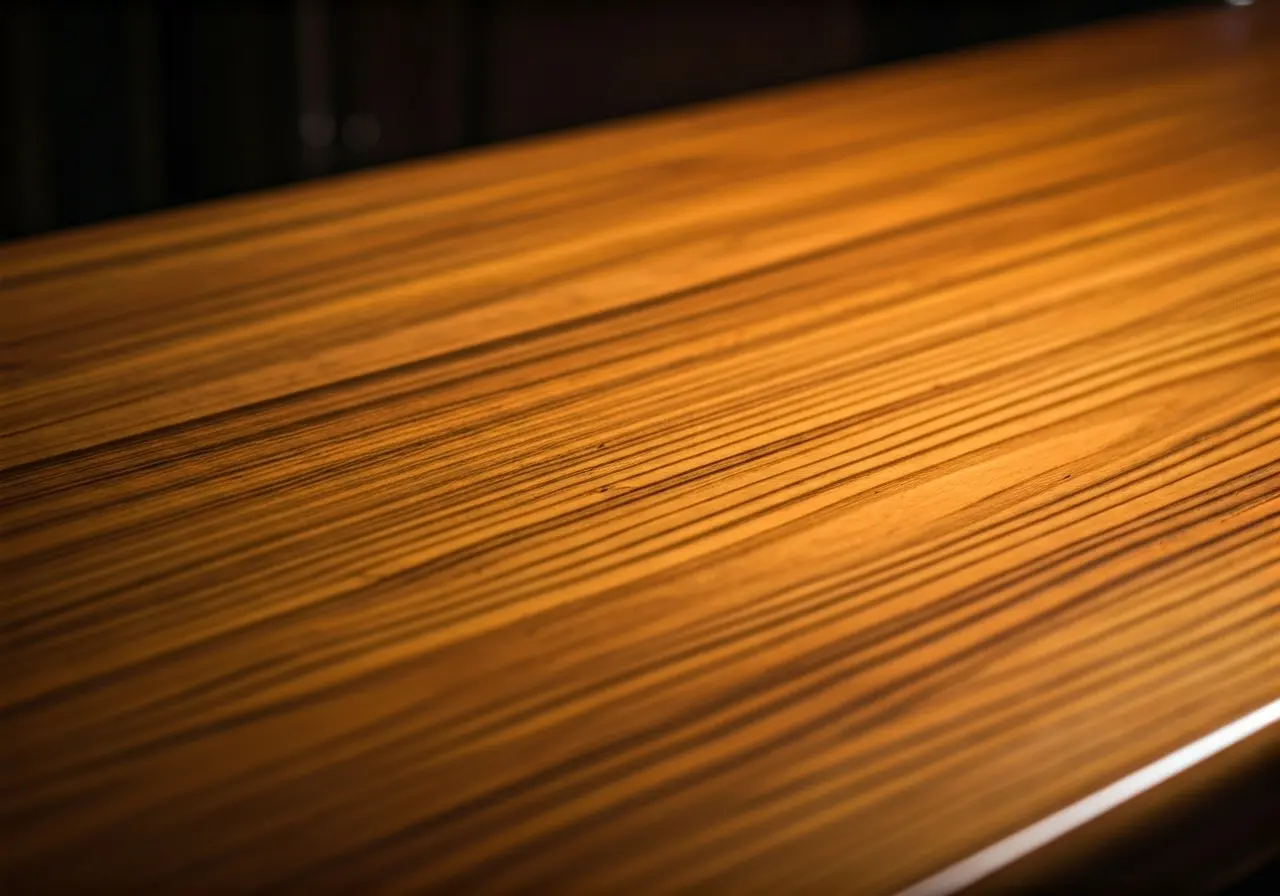 A close-up of a polished natural wood table surface. 35mm stock photo