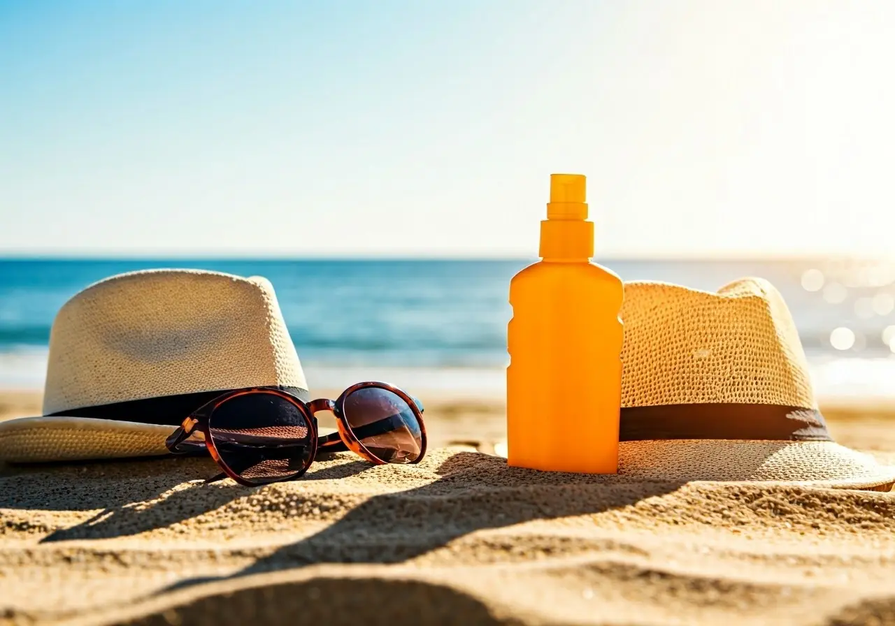 Sunlit beach with sunscreen, hat, and sunglasses on sand. 35mm stock photo