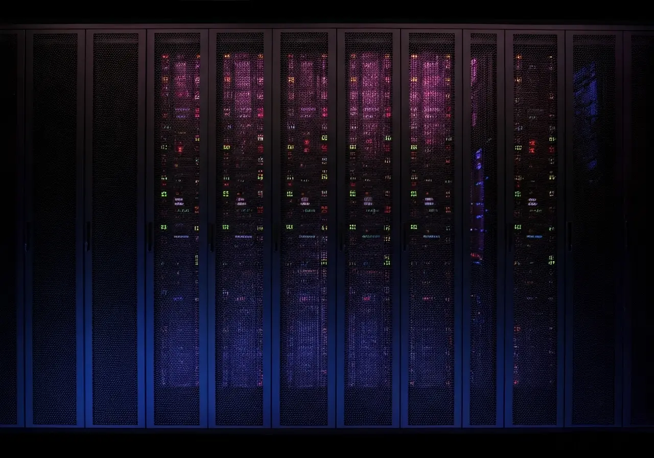 A futuristic server room illuminated with colorful LED lights. 35mm stock photo