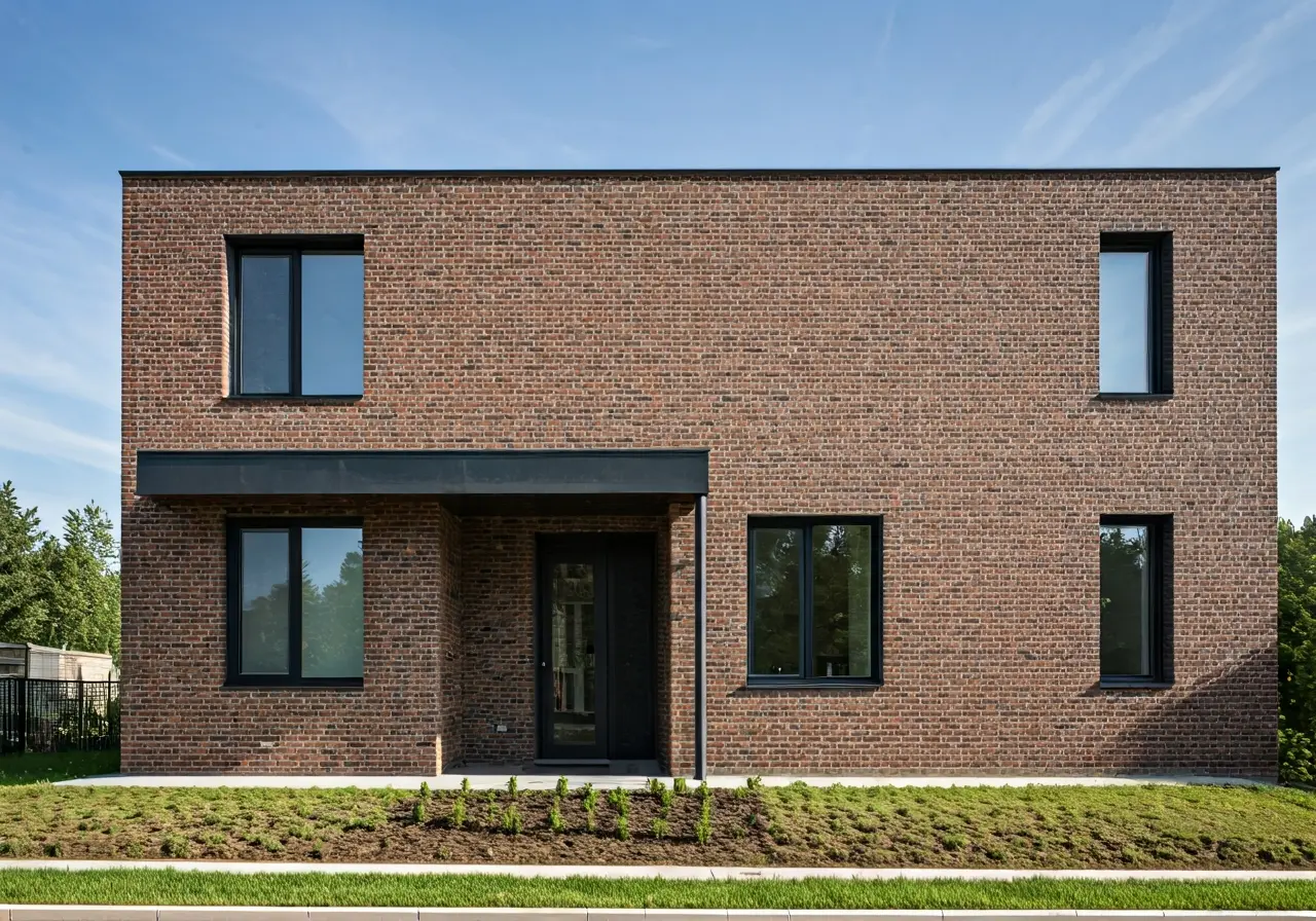 A beautifully crafted brick facade on a modern home. 35mm stock photo