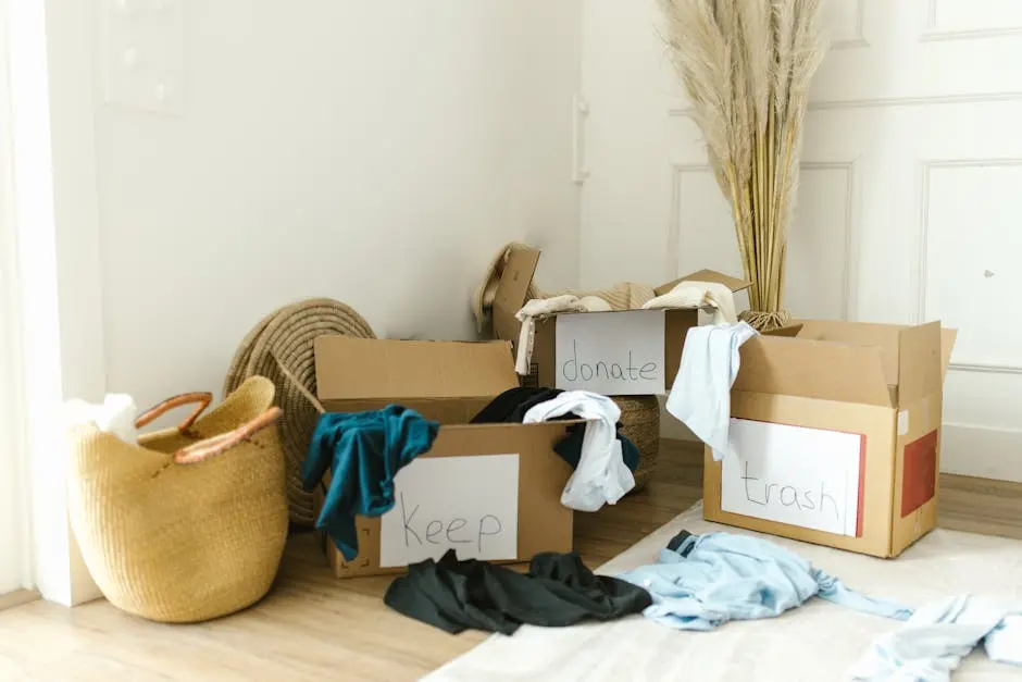 Cardboard boxes labeled &lsquo;Keep&rsquo;, &lsquo;Donate&rsquo;, and &lsquo;Trash&rsquo; for home decluttering.