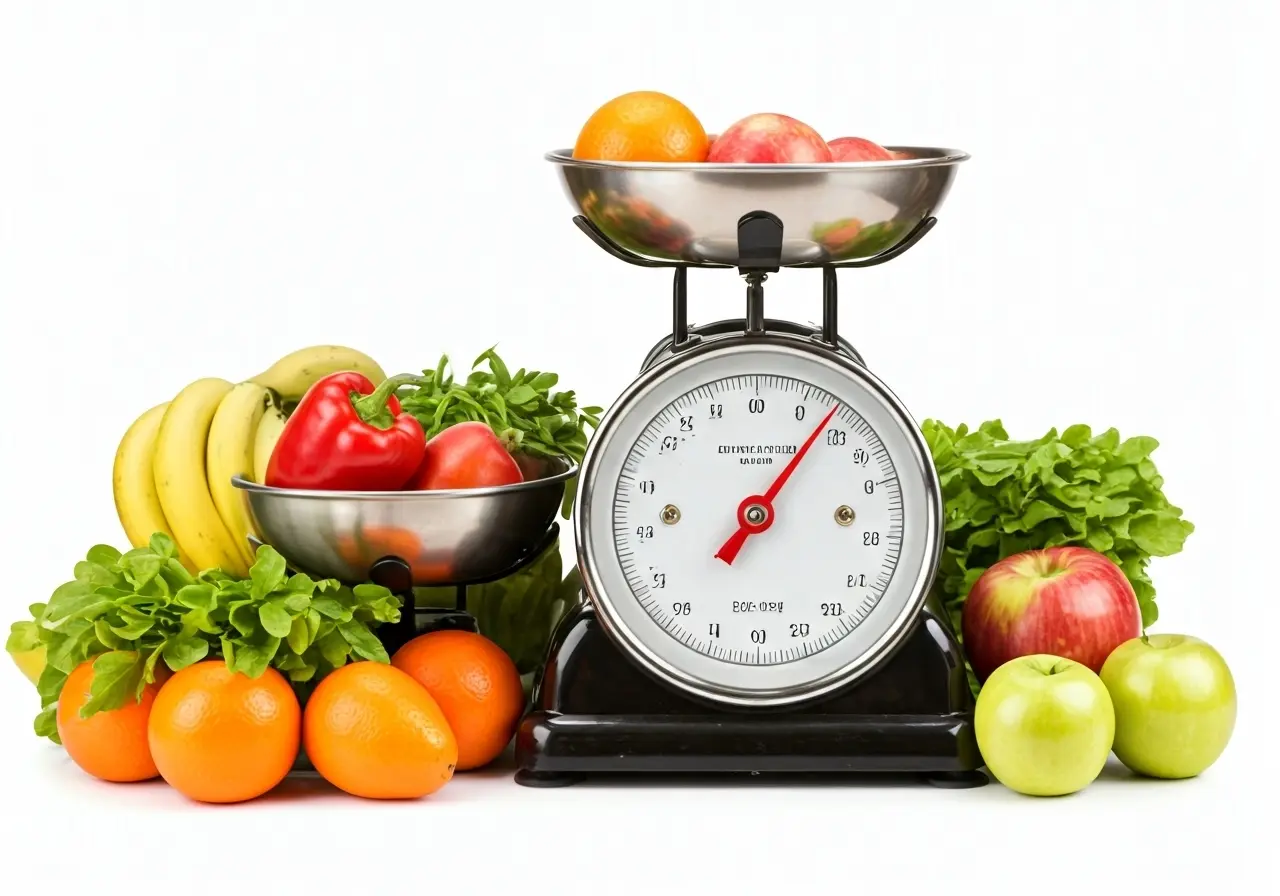 A set of scales with fruits and vegetables nearby. 35mm stock photo