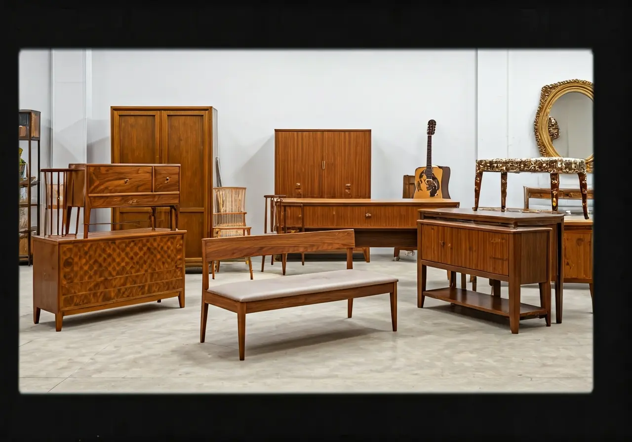 A variety of vintage furniture displayed in an empty room. 35mm stock photo