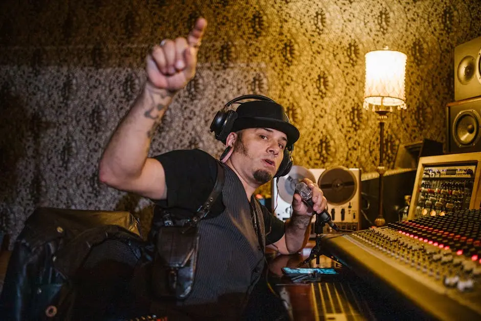 Music producer working with mixing console and microphone in a recording studio.