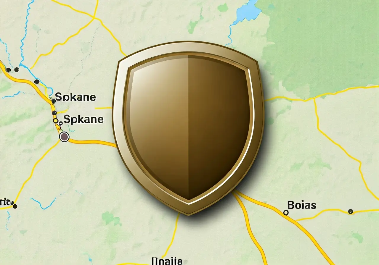 A shield icon over a digital map of Spokane and Boise. 35mm stock photo
