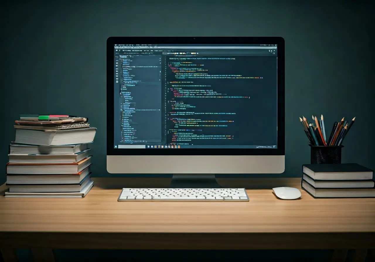 A cluttered desk with coding books and a computer. 35mm stock photo