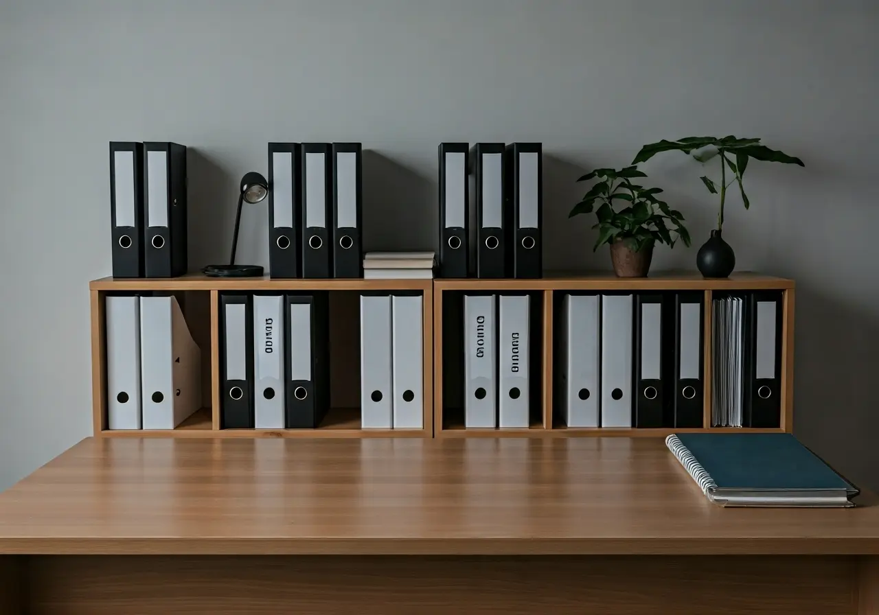 A well-organized office with neatly labeled staffing role folders. 35mm stock photo