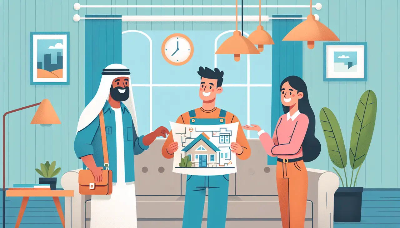 Draw a graphic in flat design style. A flat design illustration of a cheerful couple discussing home renovation plans with a contractor, holding a blueprint in a cozy living room setting.