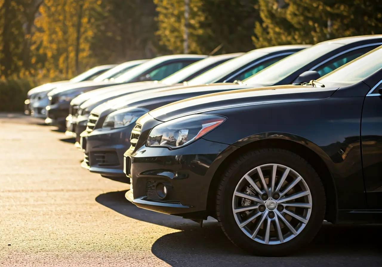 A row of shiny, clean cars lined up in sunlight. 35mm stock photo
