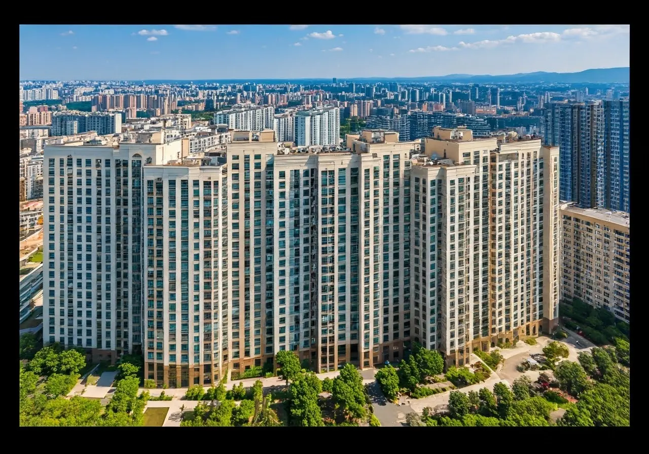 Aerial view of luxurious apartment buildings in a cityscape. 35mm stock photo