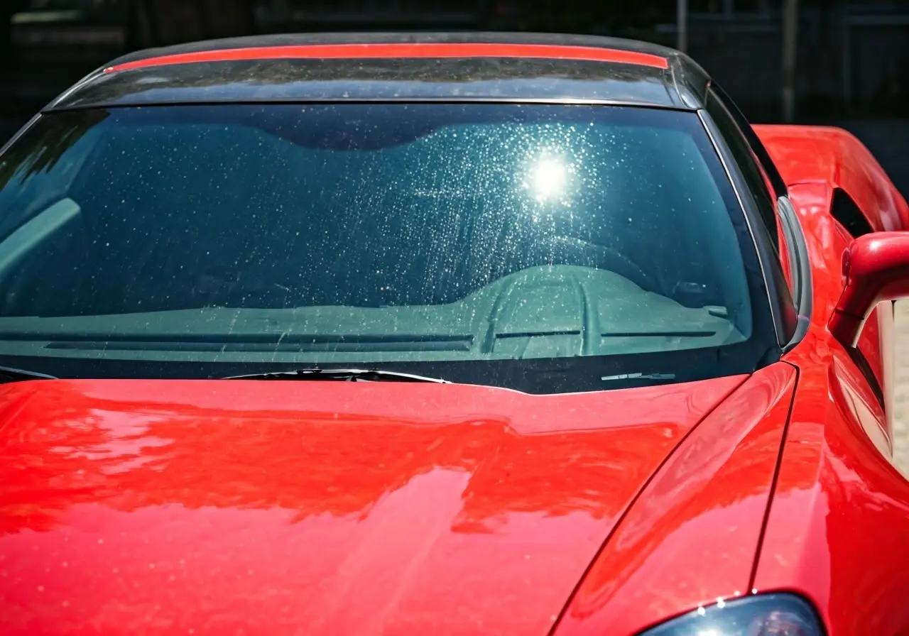 Close-up of a Corvette windshield sparkling in the sunlight. 35mm stock photo