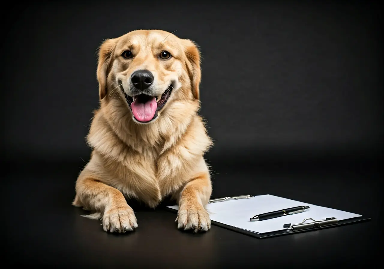 A happy dog with a clipboard and pen nearby. 35mm stock photo