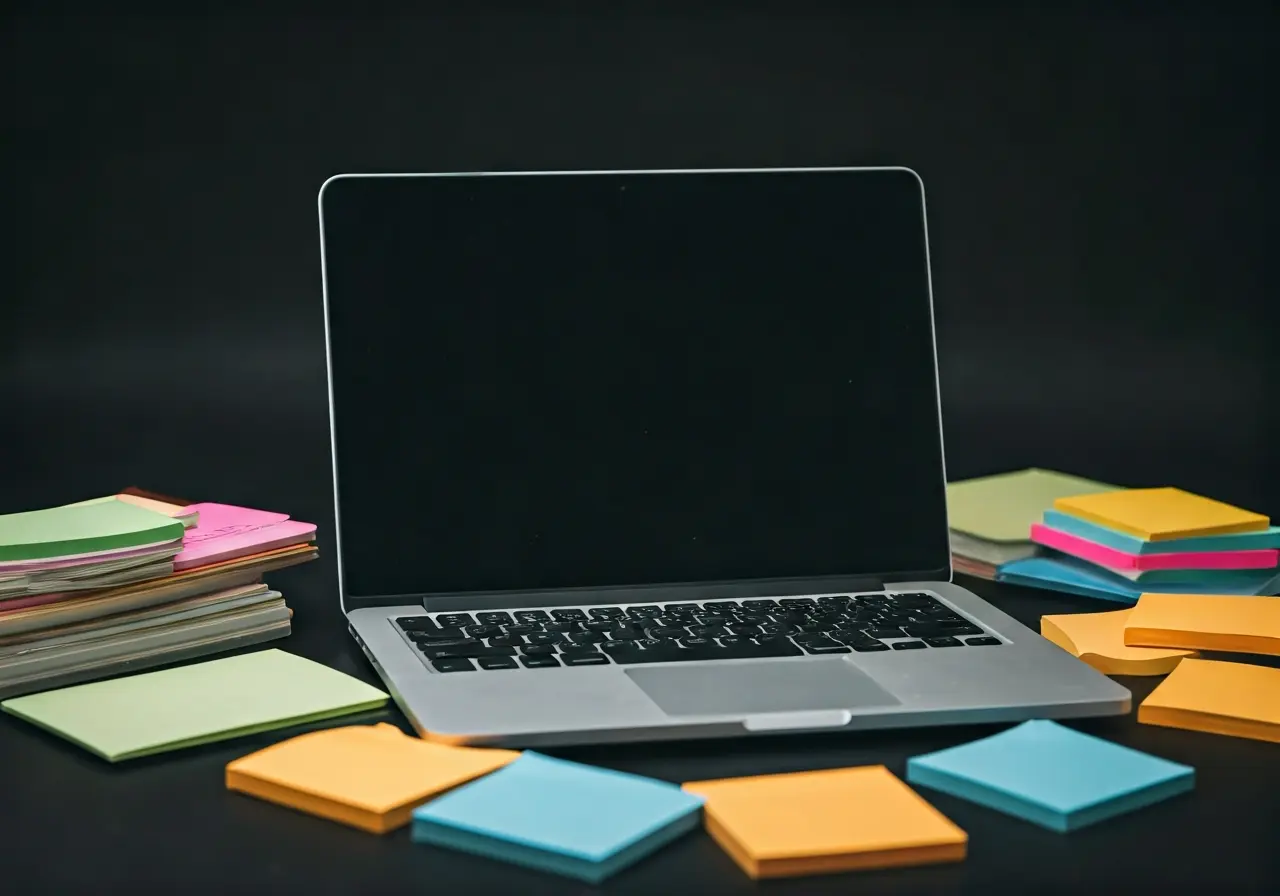 A laptop surrounded by colorful sticky notes and stationery. 35mm stock photo