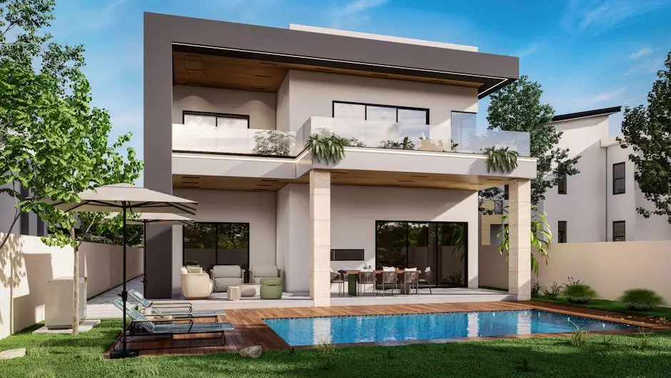 Contemporary house with a swimming pool, patio, and garden setting.