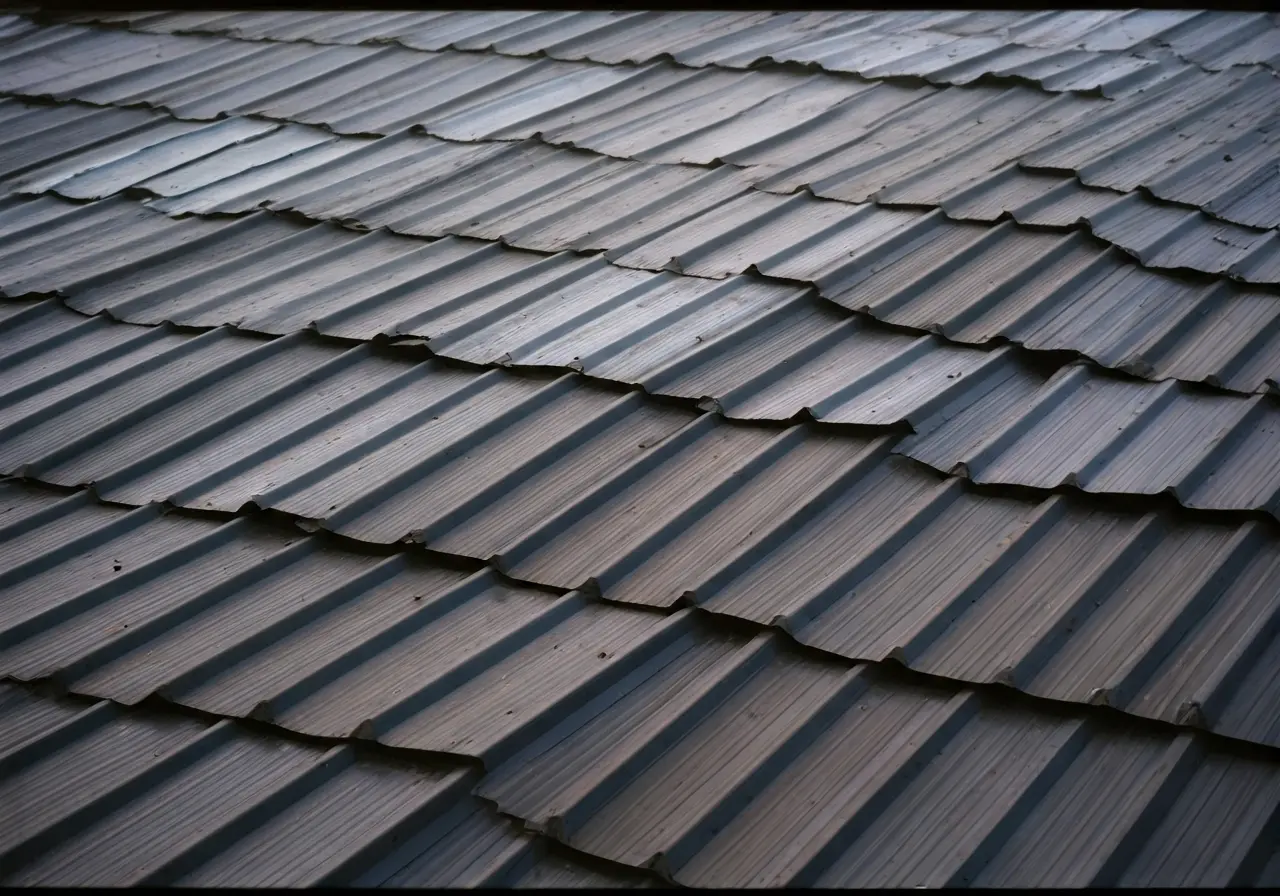 A close-up of different metal roofing panels in Seattle. 35mm stock photo