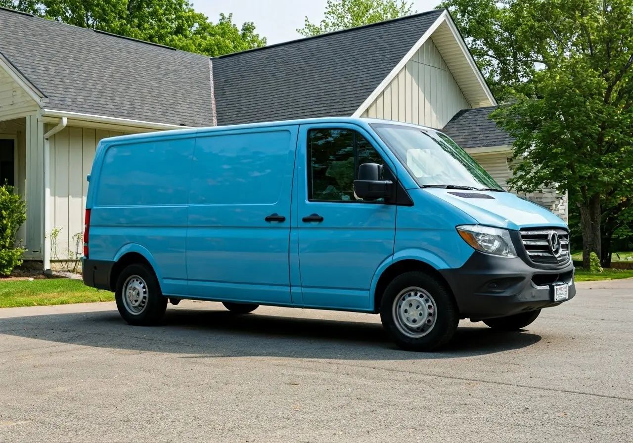 An image of a service van parked outside a house. 35mm stock photo