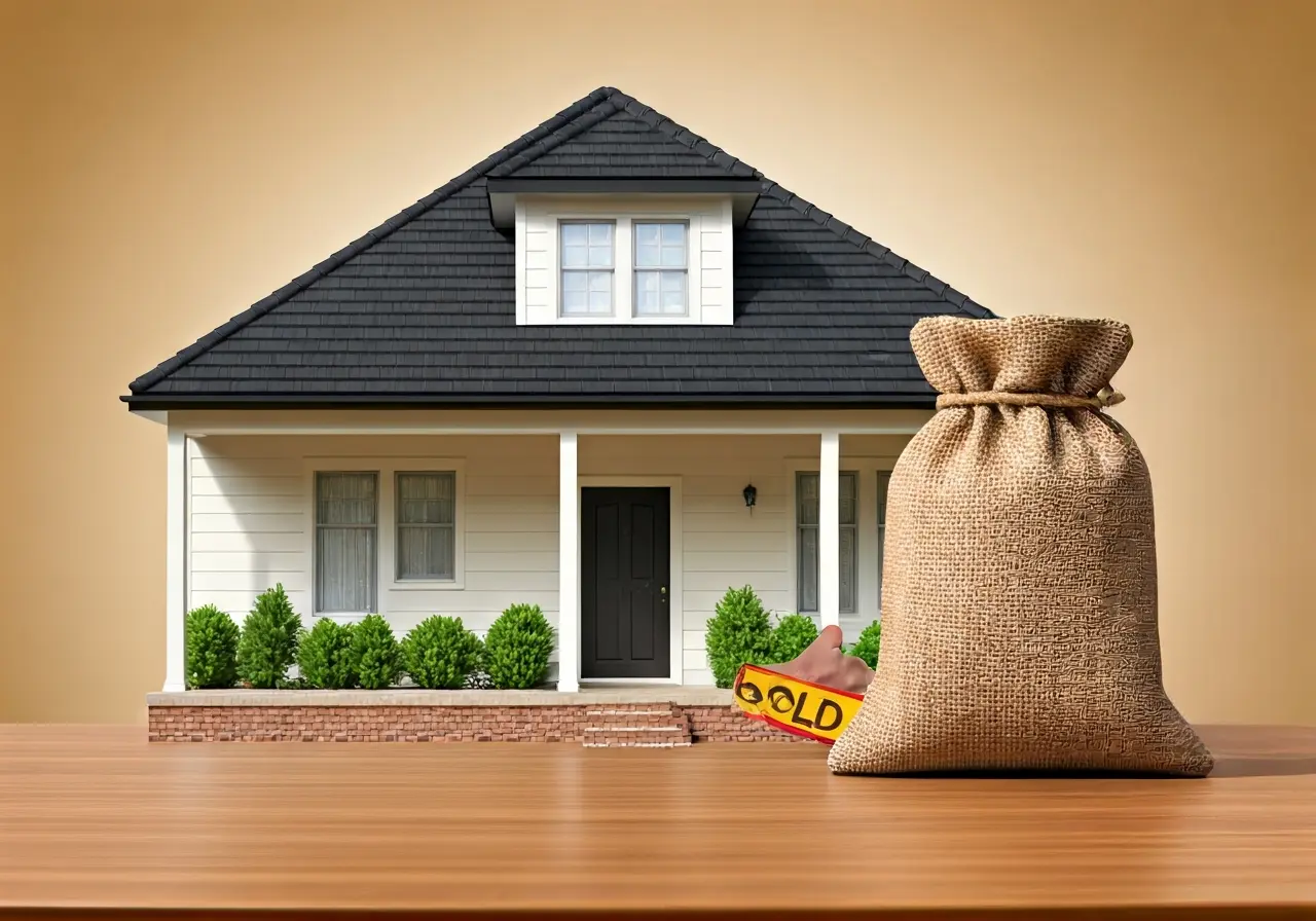 A house with a Sold sign and a bag of cash. 35mm stock photo