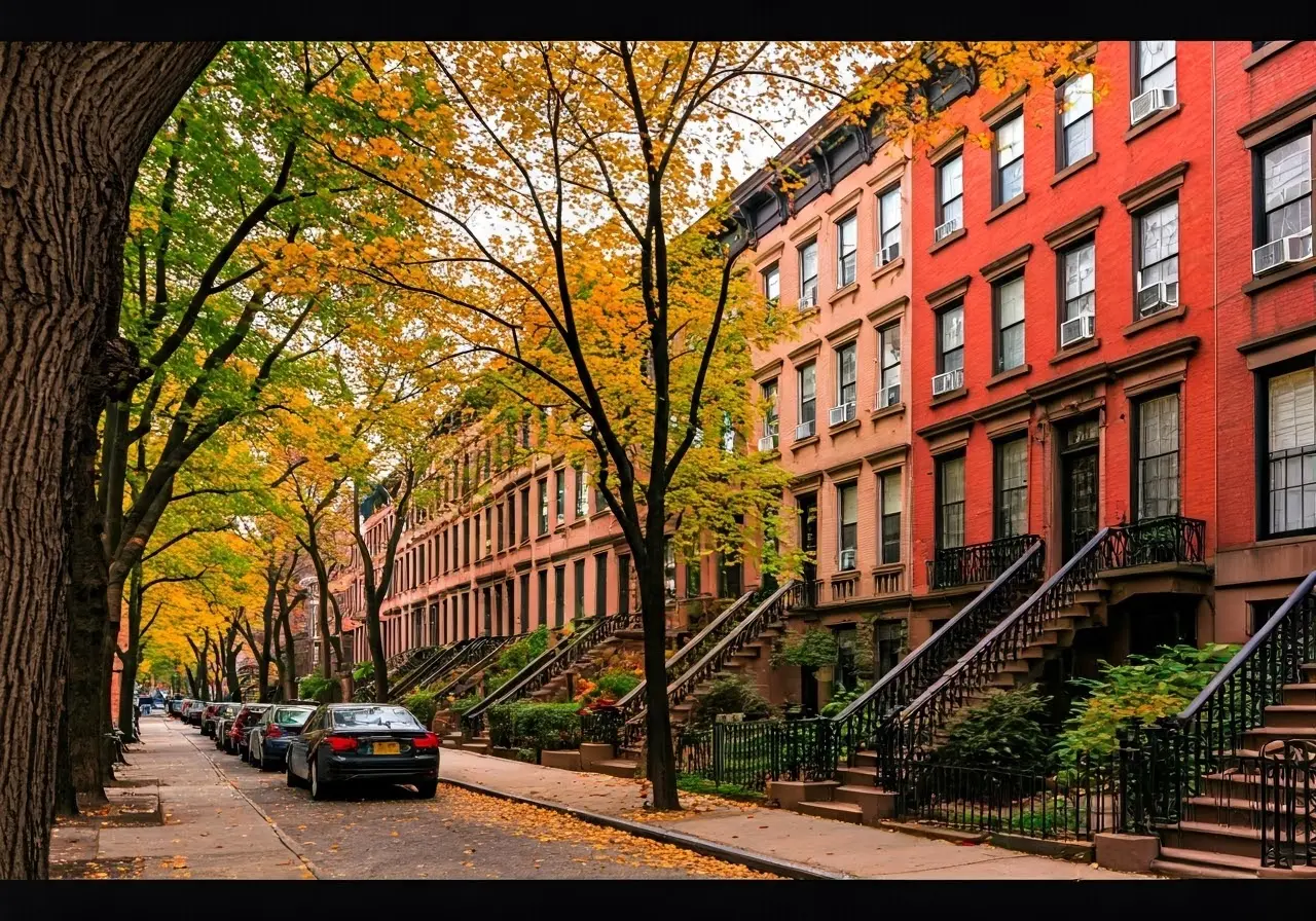 Brownstone buildings lined with colorful autumn foliage in Bedford-Stuyvesant. 35mm stock photo
