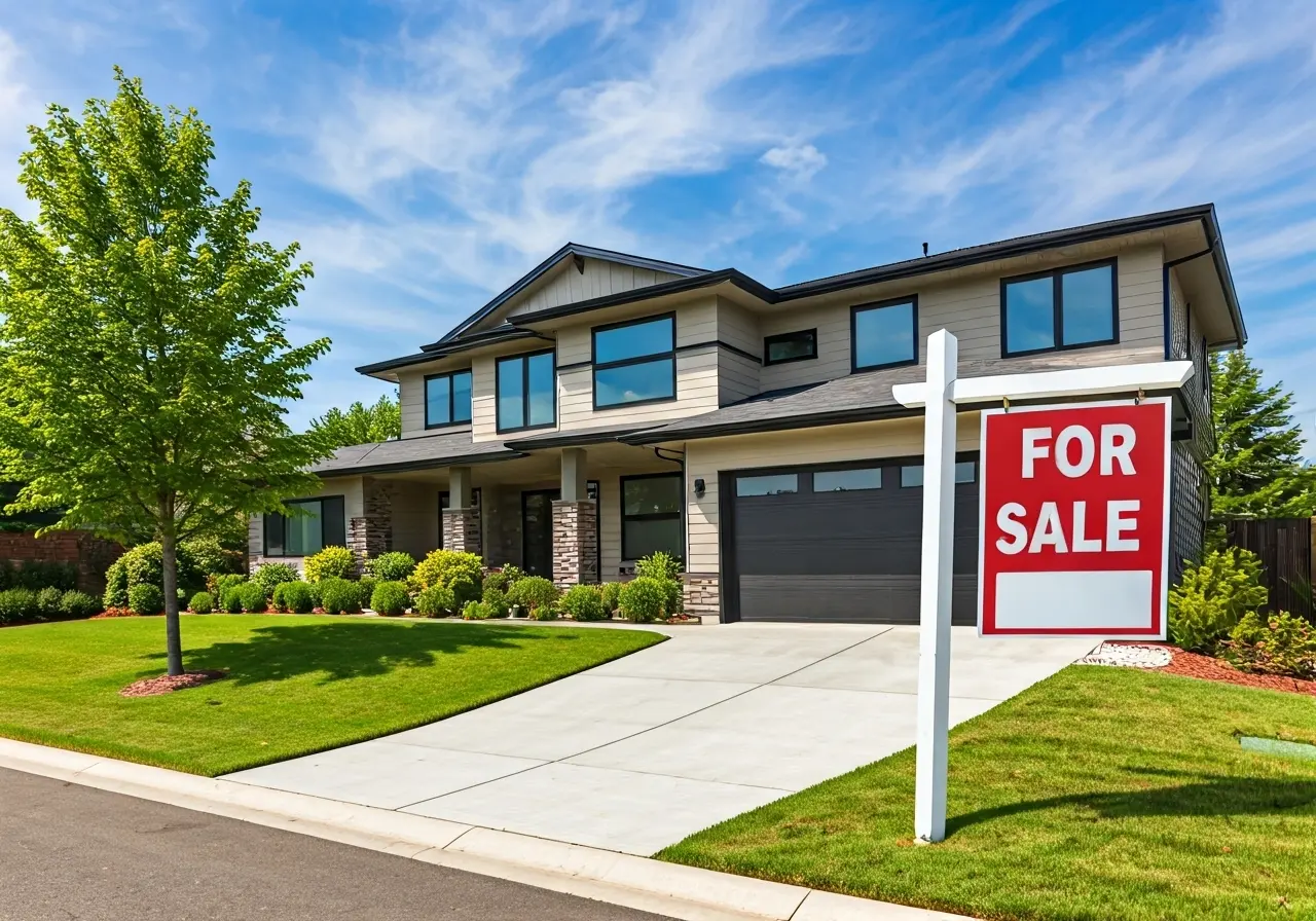 A modern home with a large For Sale sign. 35mm stock photo