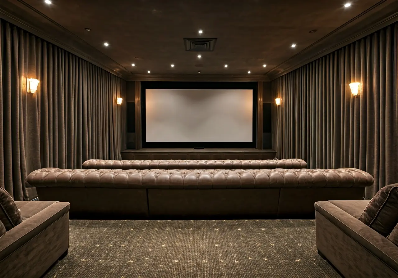 A luxurious home theater with plush seating and large screen. 35mm stock photo
