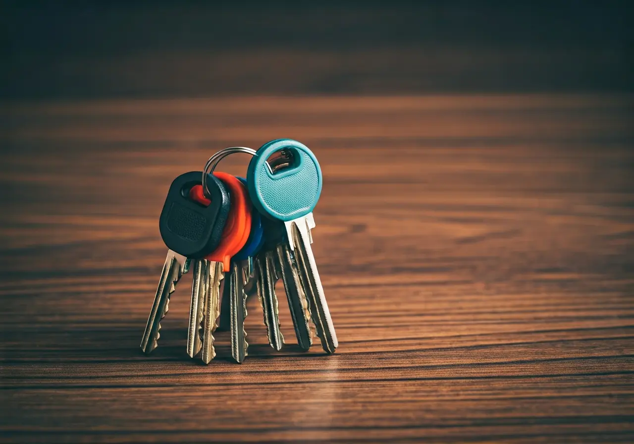 A stack of colorful property keys on a wooden table. 35mm stock photo