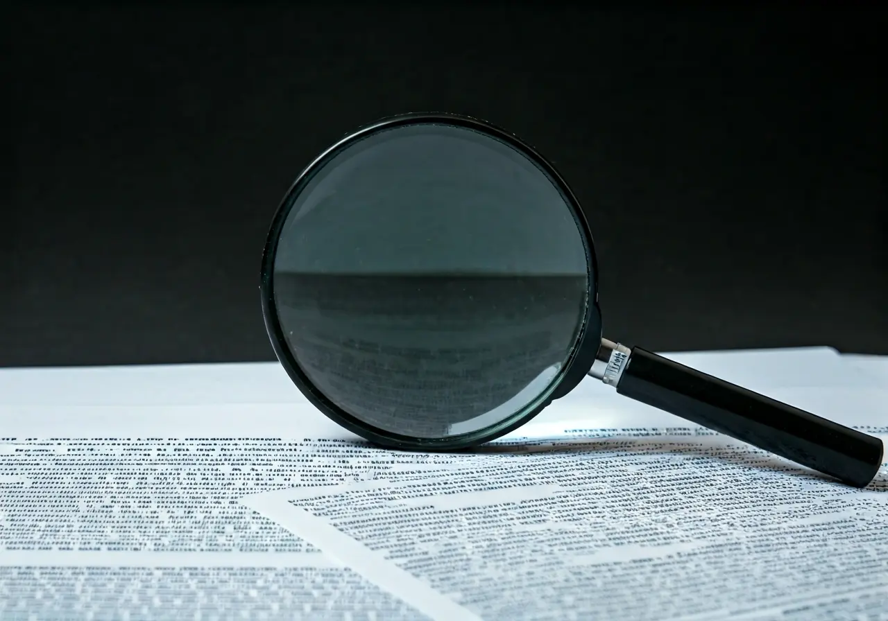 A magnifying glass over a detailed insurance claim document. 35mm stock photo