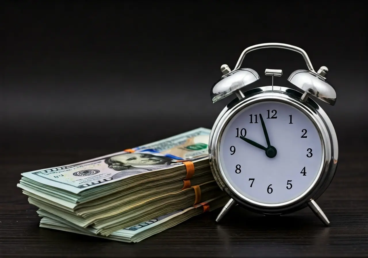 A stack of dollar bills next to an alarm clock. 35mm stock photo