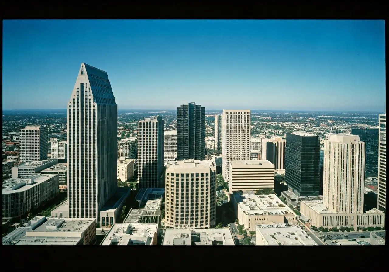 Aerial view of Orange County business district skyscrapers. 35mm stock photo