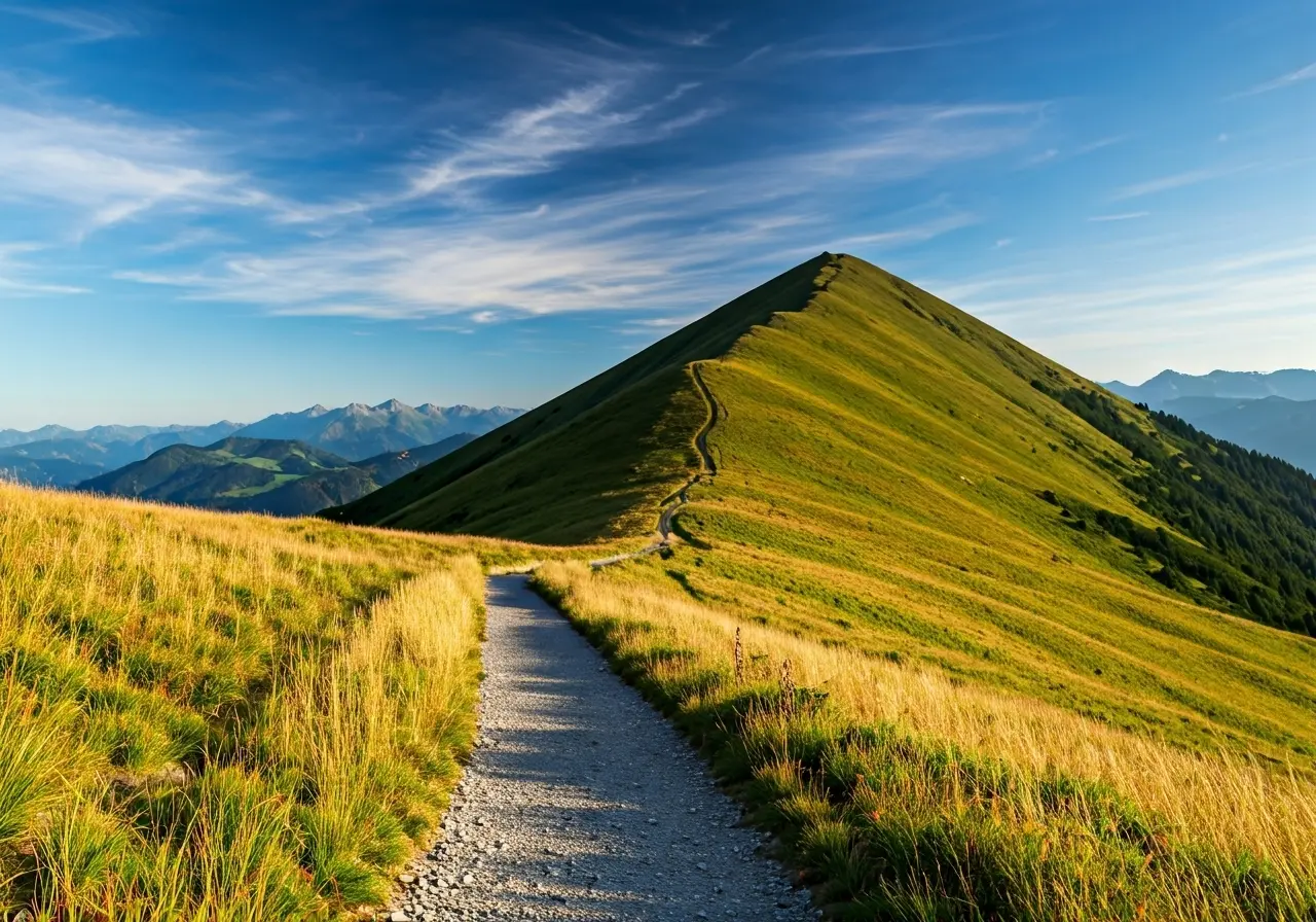A winding path leading to a distant mountain peak. 35mm stock photo