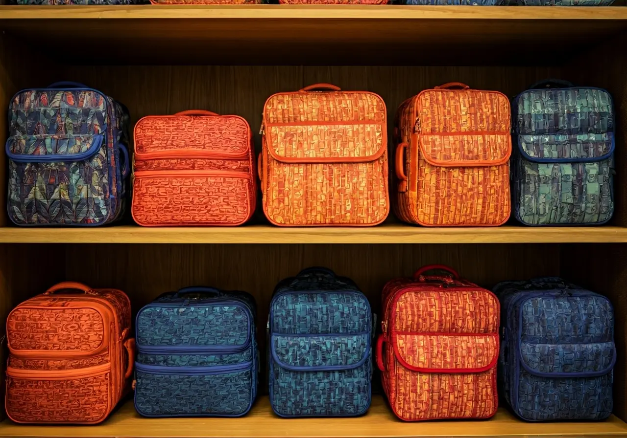 A colorful display of kids’ travel bags on wooden shelves. 35mm stock photo